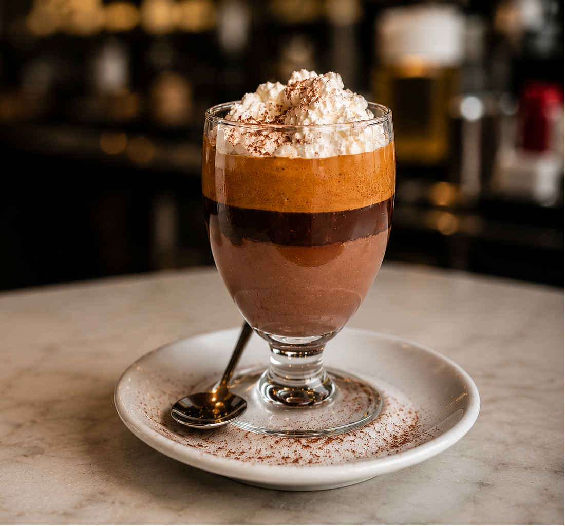 Bicerin coffee-dessert in a glass with whipped cream at Torino Cafe Henderson Nevada