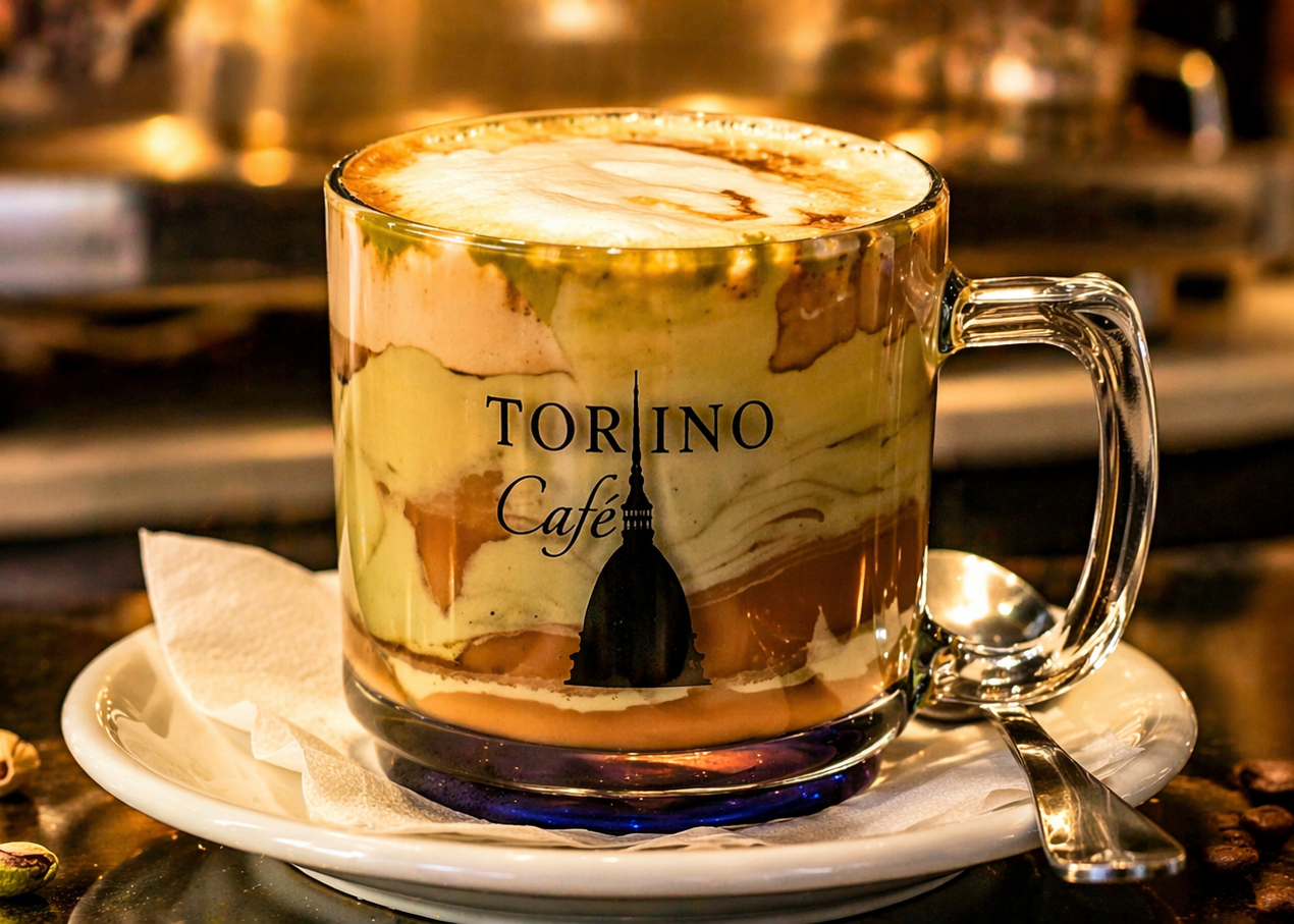 Glass mug with cappuccino and 'Torino Cafe' branding on a table.