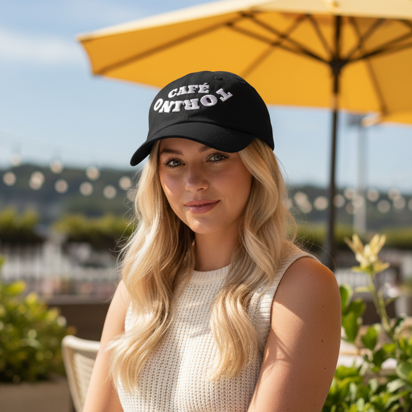 Woman wearing a black cap with 'Torino Cafe' inverse text